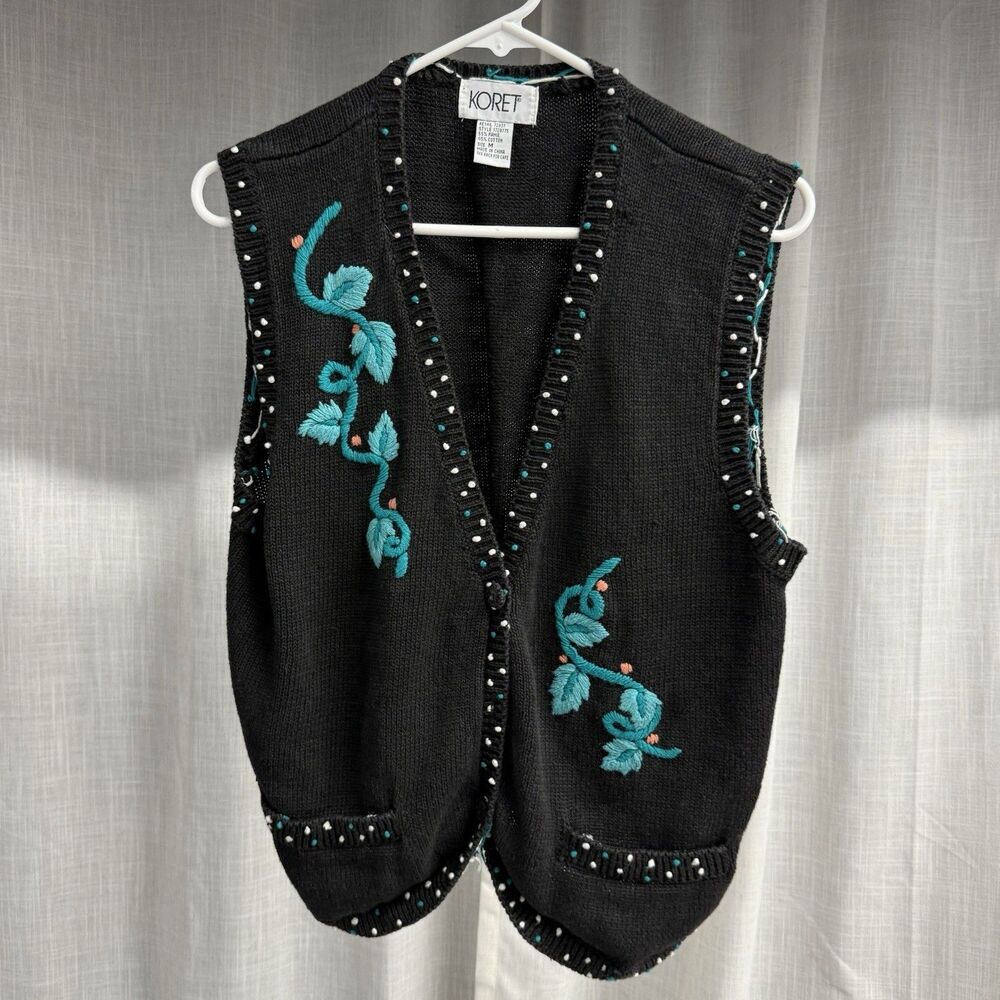 Vintage Koret Black Sweater Vest M Turquoise Floral Embroidered Studded Western